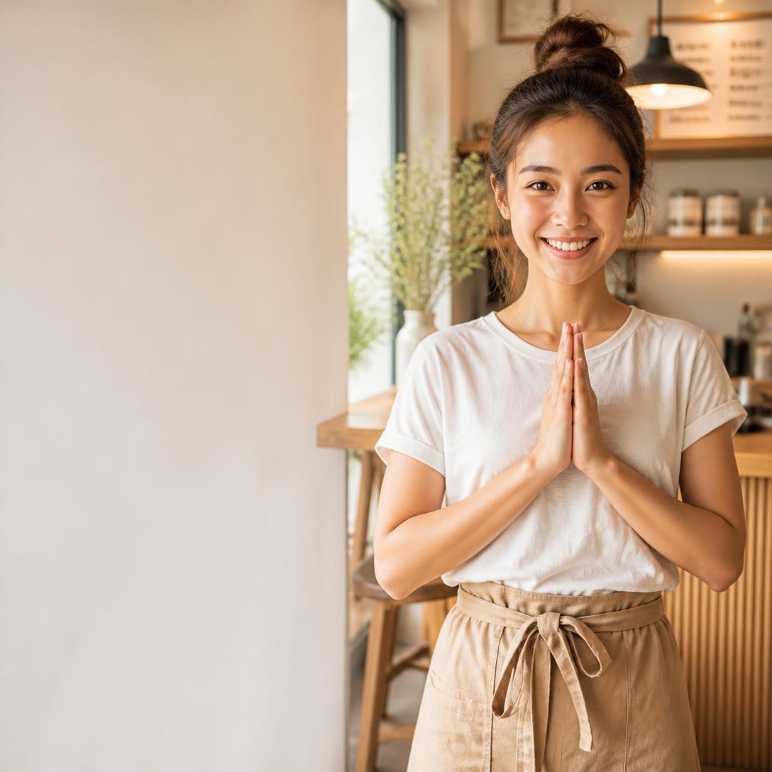 Smiling woman greeting with a Thai wai in a bright cafe